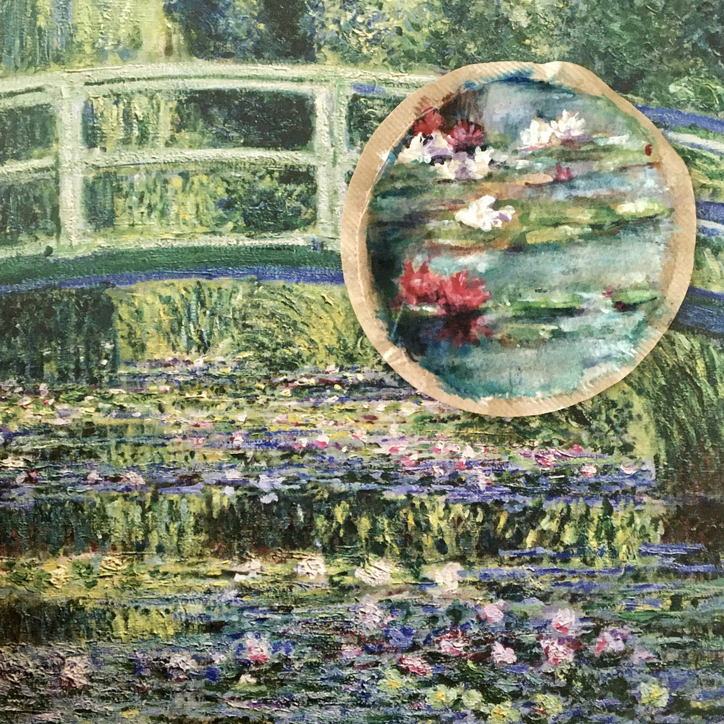 Monet's garden at Giverny, water lily pond, Japanese bridge, lush green, morning soft light