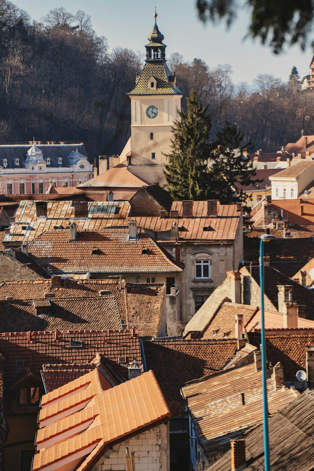 a view of a city with a clock tower