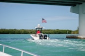 A small motorboat with twin engines is cruising through a body of water under a bridge. A person wearing a red shirt is operating the boat, which has an American flag waving at the back. The water is a bright turquoise color, and the background consists of lush green vegetation. The sky is clear with minimal clouds.