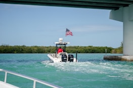 A small motorboat with twin engines is cruising through a body of water under a bridge. A person wearing a red shirt is operating the boat, which has an American flag waving at the back. The water is a bright turquoise color, and the background consists of lush green vegetation. The sky is clear with minimal clouds.