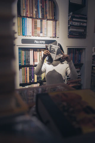 Close-up of a student reading a textbook in a cozy library corner filled with shelves of books.