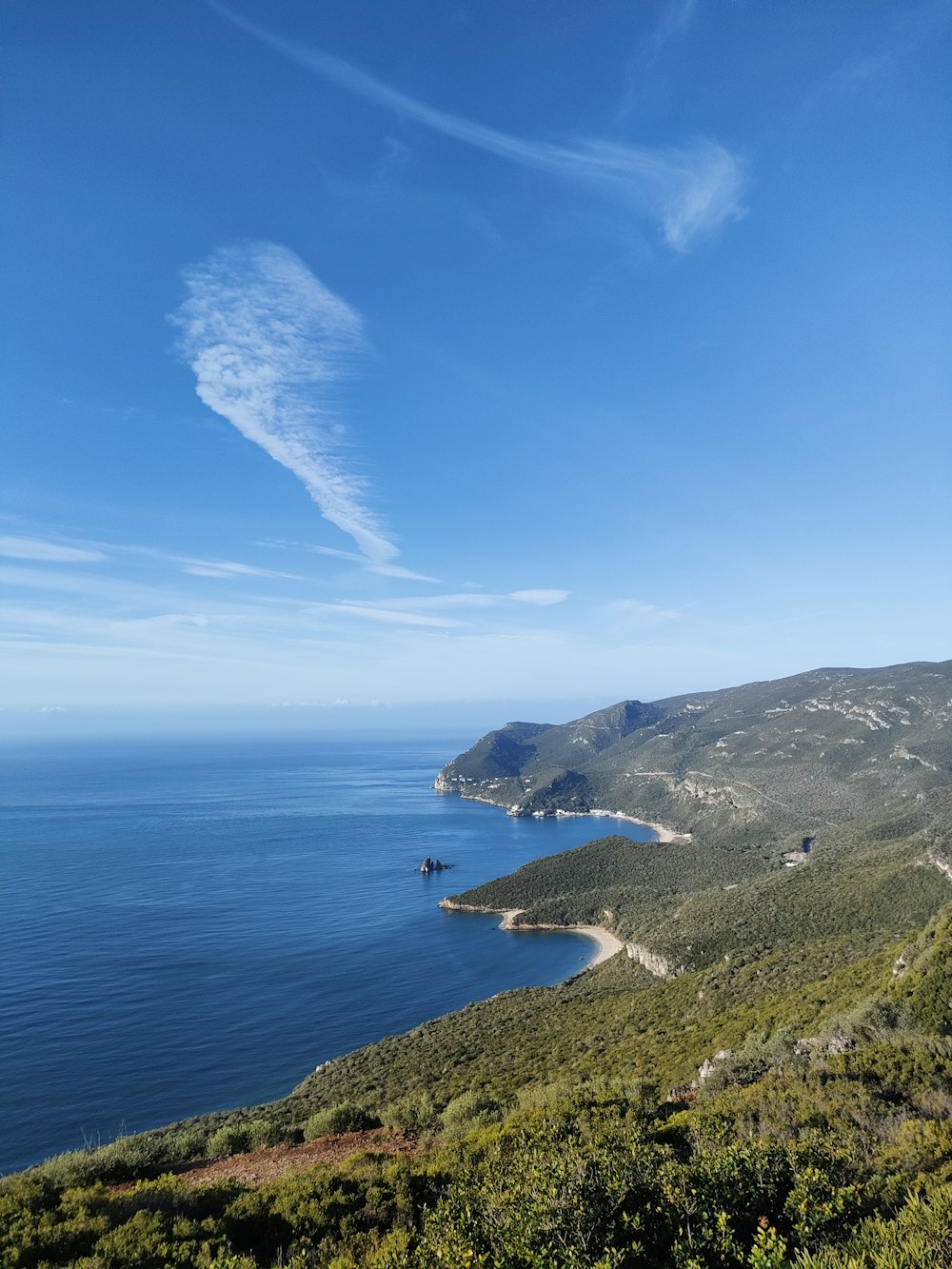 a scenic view of the ocean and mountains