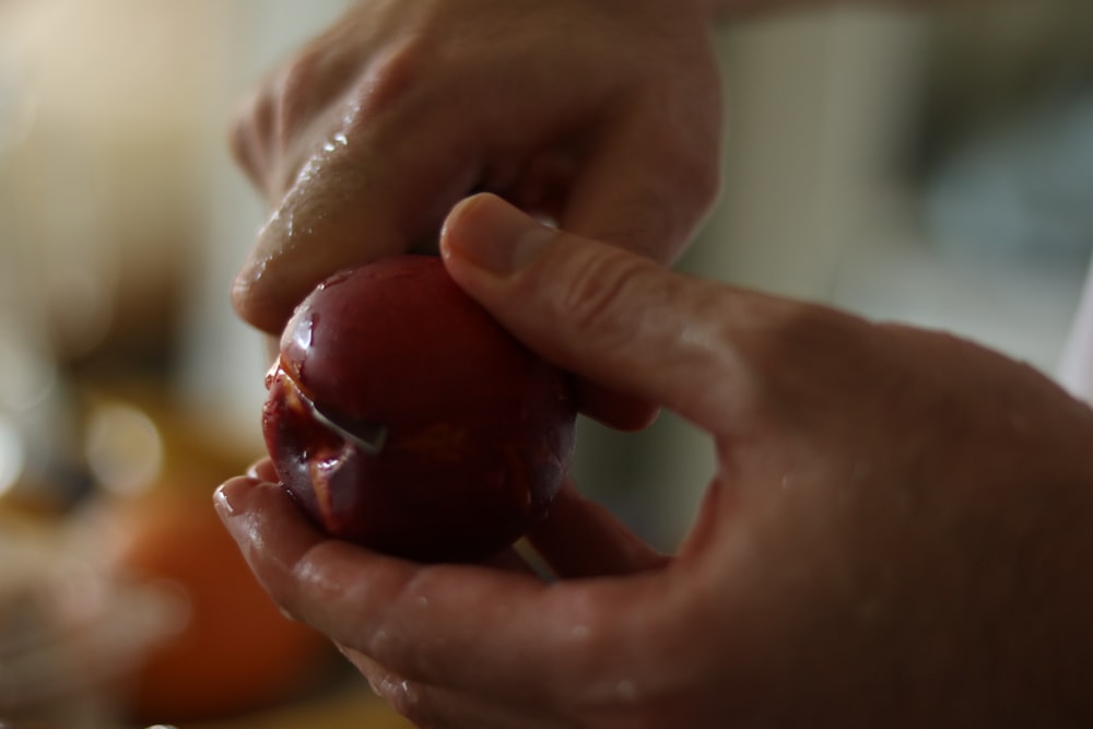a person holding an apple in their hands