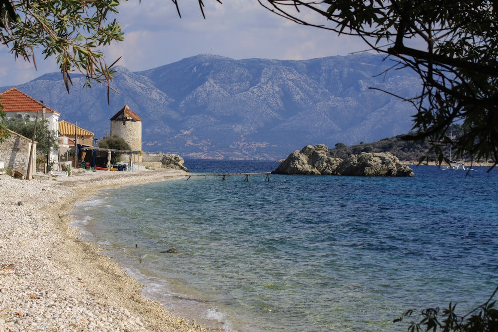 a body of water next to a sandy beach