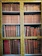 A neatly arranged collection of antique books fills the shelves of a wooden bookcase. The book spines are weathered, showcasing intricate designs and faded colors, suggesting their historical value and age. The bookcase is protected by a wire mesh, and the wooden frame has a rustic, aged appearance.