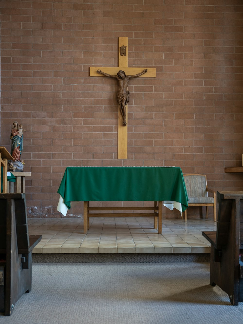 a cross and a table in a church