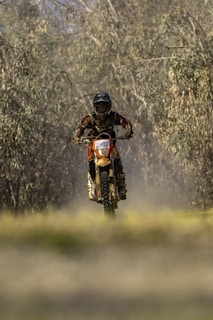 A motorcyclist riding through a misty forest trail.