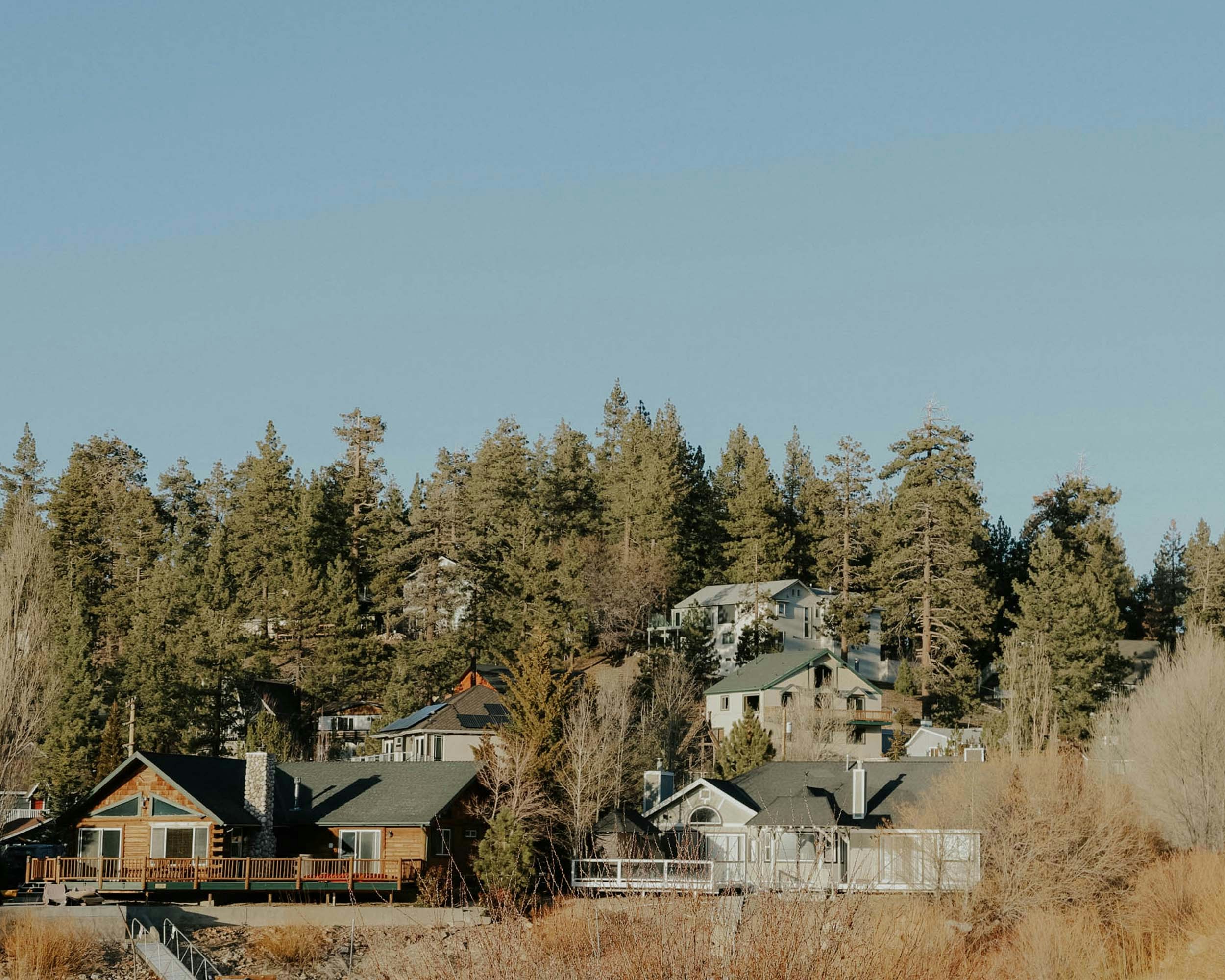 a row of houses sitting on top of a lush green hillside