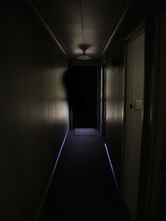 a dark hallway with a person walking down it