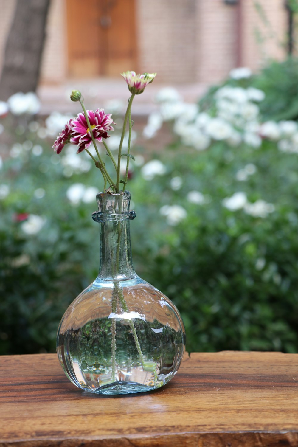 a glass vase with flowers in it sitting on a table