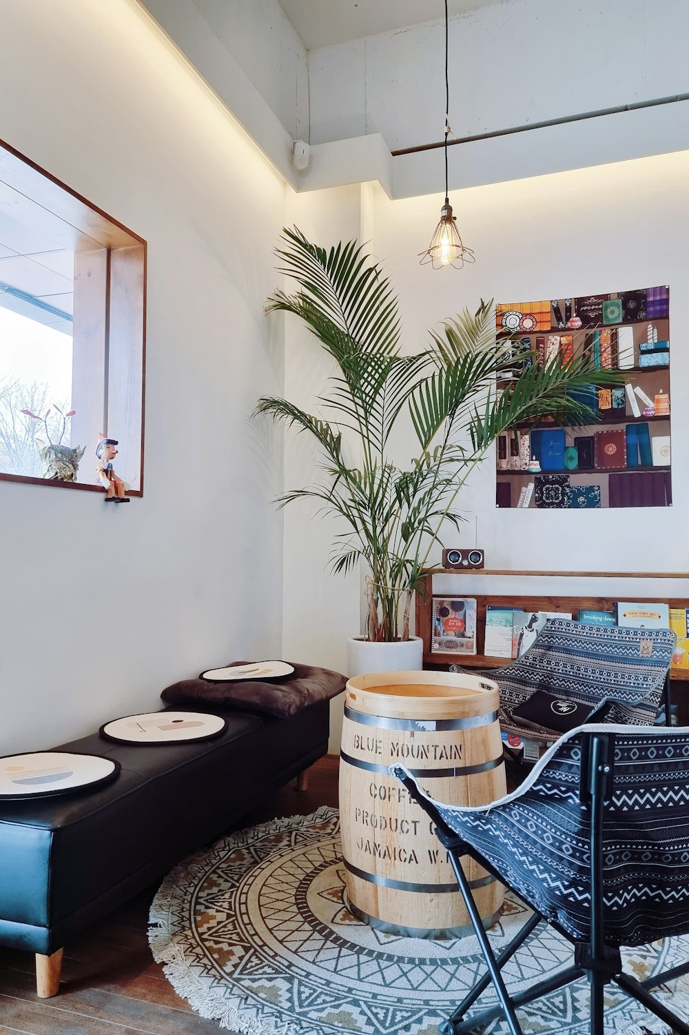 a living room with a potted plant in the corner