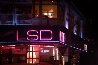 A neon sign displaying the words 'LSD' in large letters with 'LOVE SEX DREAMS' underneath. The sign is illuminated in pink and blue neon lights, attached to a building on Potsdamer Str. The surrounding area appears to be a nighttime city scene with visible storefronts and windows.