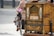 A traditional street barrel organ with ornate woodwork and painted illustrations. A toy monkey, adorned with a pink feathered hat and a small vest, is attached to the organ, holding a metal container.