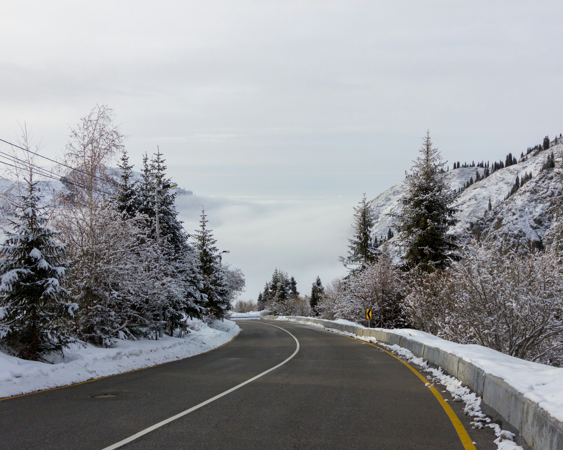 a road with snow on the ground and trees on both sides