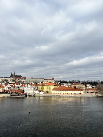 The image features a scenic riverside town with historic architecture, dominated by buildings with reddish-brown roofs and colorful facades. A large church or cathedral with tall spires is visible in the background, set against a cloudy sky. The foreground includes a calm river, and a single buoy can be seen floating in the water.