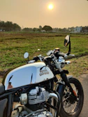 A classic Royal Enfield motorcycle resting under swaying coconut trees at sunset.