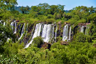 The cascading Limon Waterfalls framed by tropical greenery under a bright blue sky.