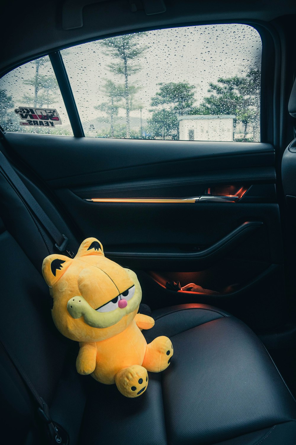 a stuffed animal sitting in the back seat of a car