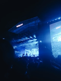 A large outdoor concert stage illuminated with blue lights, featuring a musician or performer in front of a cheering crowd. The stage has an expansive display screen showing graphics and the audience is visible in silhouette.