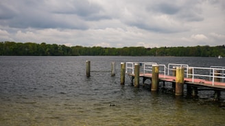 A calm lake with a pier jutting out into the water. The sky is overcast with thick clouds, and there is a dense line of trees bordering the opposite shore. The water near the shore is shallow and appears clearer, while the distant water is darker.