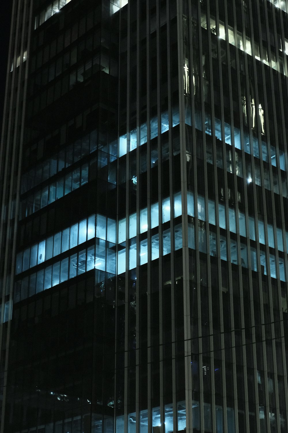 밤에는 많은 창문이있는 매우 높은 건물