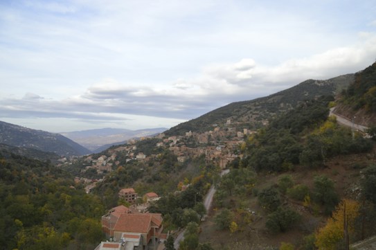 A serene mountain landscape with a small village nestled among lush, forested hills. The village consists of numerous small houses with reddish-brown roofs that blend harmoniously with the natural surroundings. A winding road snakes through the verdant vegetation and connects the village to the natural scenery, leading into the distance where the hills continue to rise towards overcast skies. The overall atmosphere is tranquil and natural, offering a sense of peaceful seclusion.