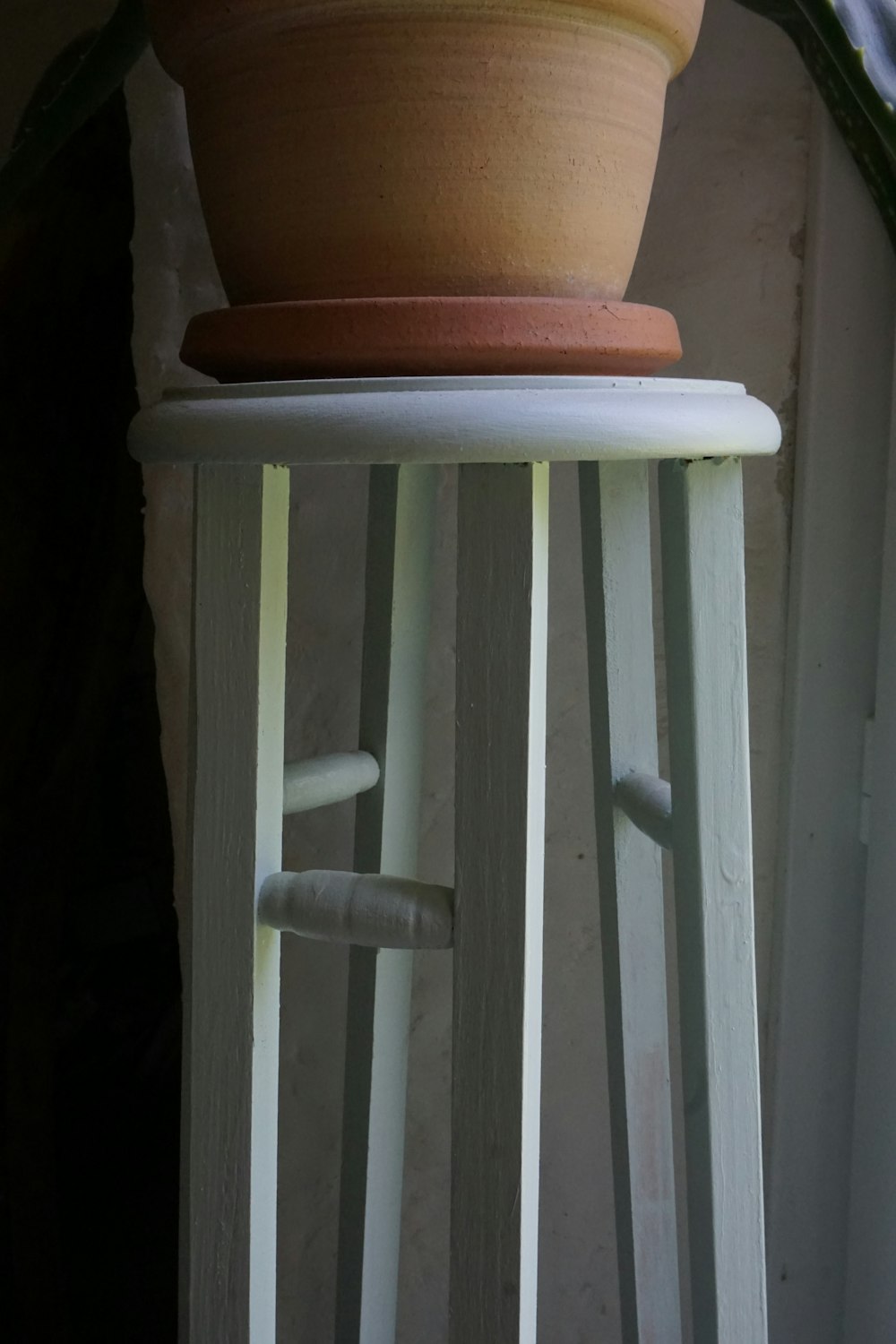 una pianta in vaso seduta sopra uno sgabello di legno