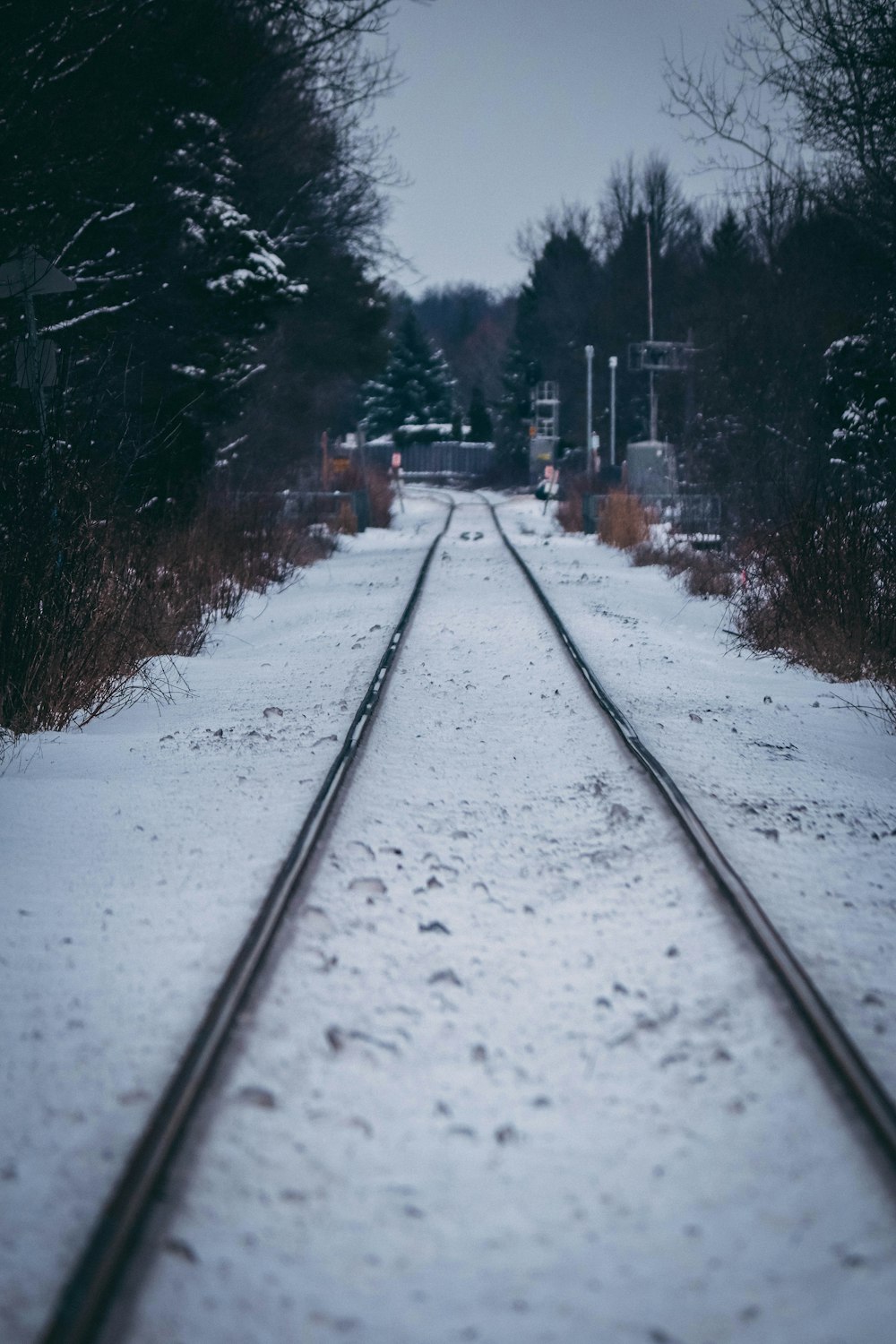 a train track in the middle of a snowy area