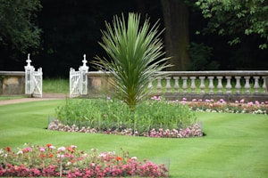 A well-maintained garden with a central circular plant surrounded by neatly trimmed grass. The garden features neatly arranged flower beds with colorful flowers. In the background, a white decorative fence and a stone balustrade add structure to the landscape. Dense trees surround the garden area, providing a lush, green backdrop.