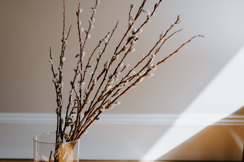 eine Vase mit einigen Zweigen darin auf einem Tisch