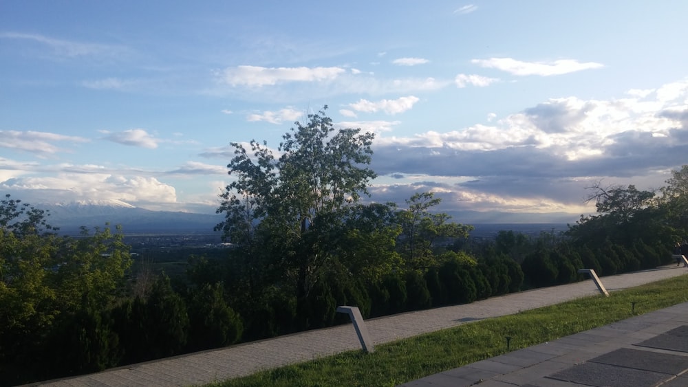 a view of the mountains from a park bench