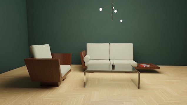a living room with a couch, chair and coffee table