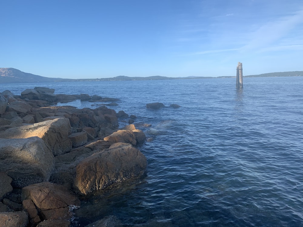 a large body of water with rocks in the foreground