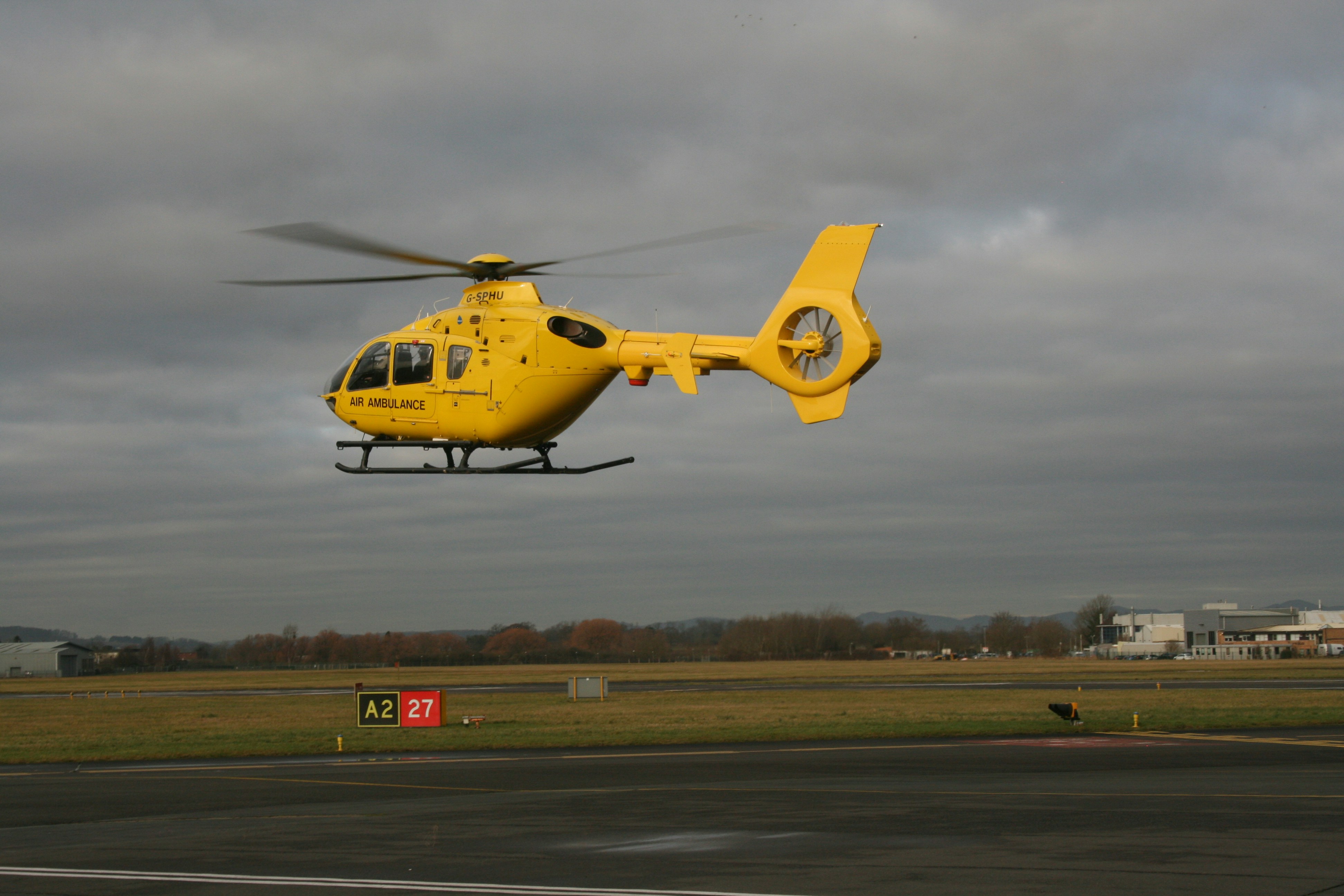 Helicopter departs Glousceter Airport, UK