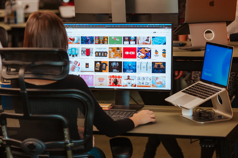 An editor at a dual-monitor workstation.