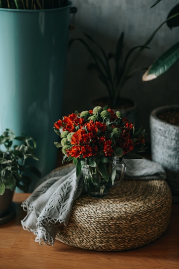 A bouquet of vibrant red flowers and green foliage is arranged in a glass vase. This vase is placed on a woven straw mat, accompanied by a delicate, patterned cloth. Surrounding the arrangement are potted plants and a tall teal planter on a wooden floor, creating a cozy and natural setting.