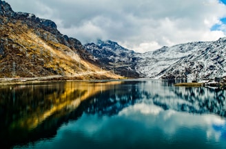 a mountain lake surrounded by snow covered mountains