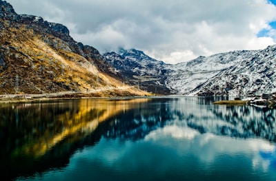 a mountain lake surrounded by snow covered mountains