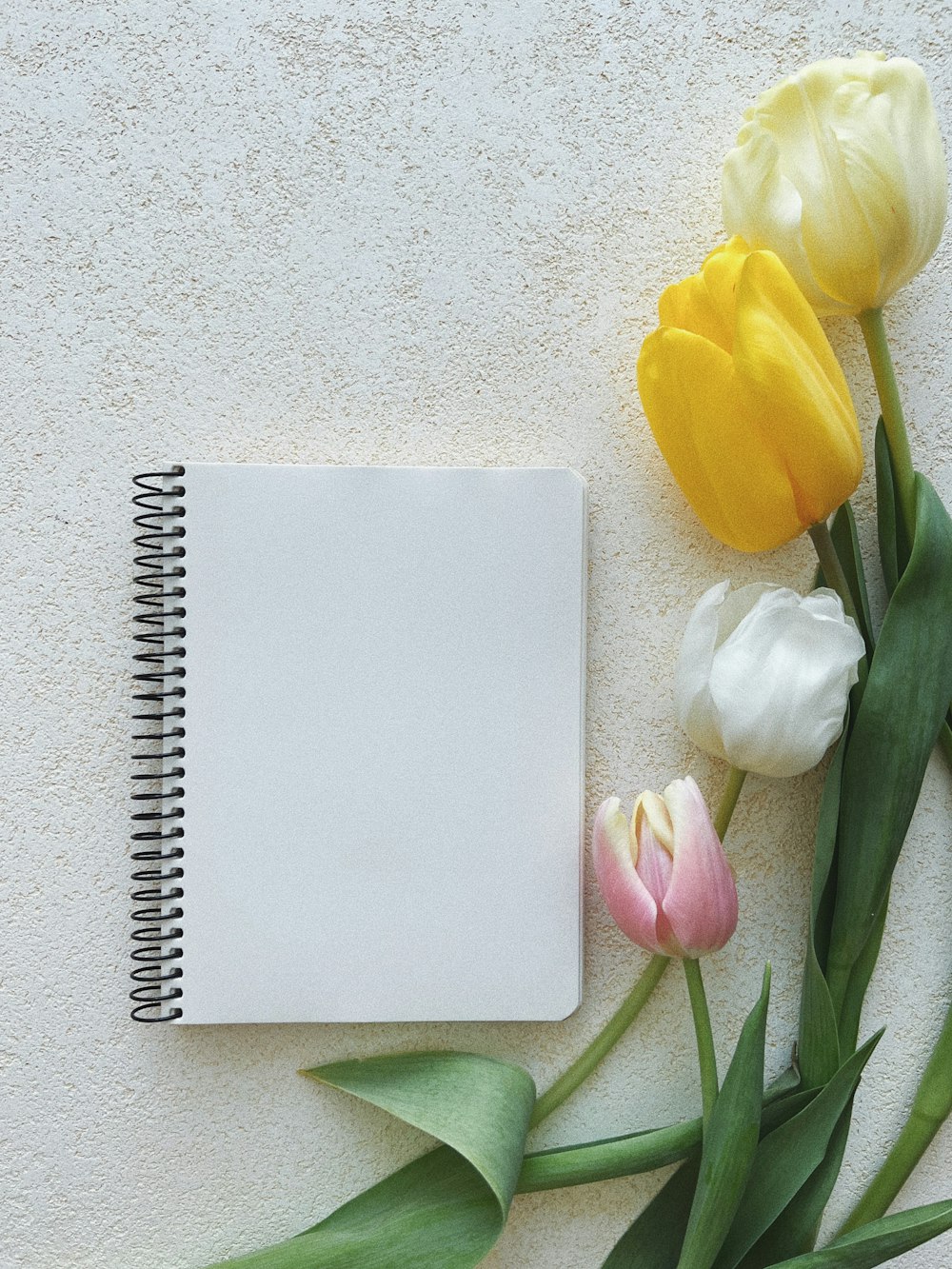 a notebook with a blank page next to tulips