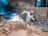 A person wearing a white outfit and a pink headscarf is working with fire in a rustic, brick-walled room. They are tending to a flame with a long metal tool, surrounded by mounds of dirt and metal castings. Various tools and materials are scattered around, highlighting an industrial or artisanal metalwork setting.