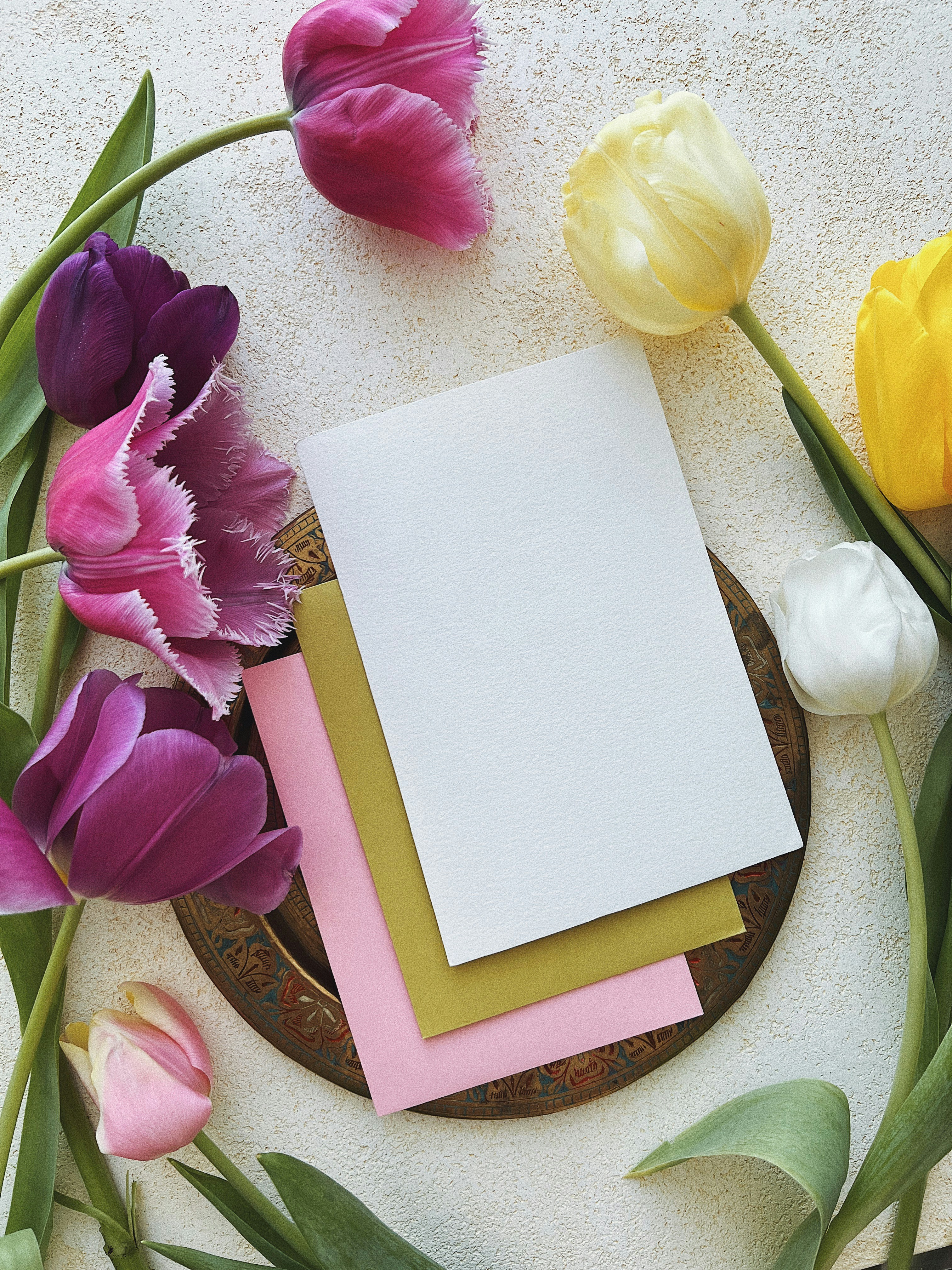 Trois papiers superposés : un blanc texturé, une enveloppe brune et un papier rose. 
Le tout est entouré de tulipes violettes, jaunes et blanches.