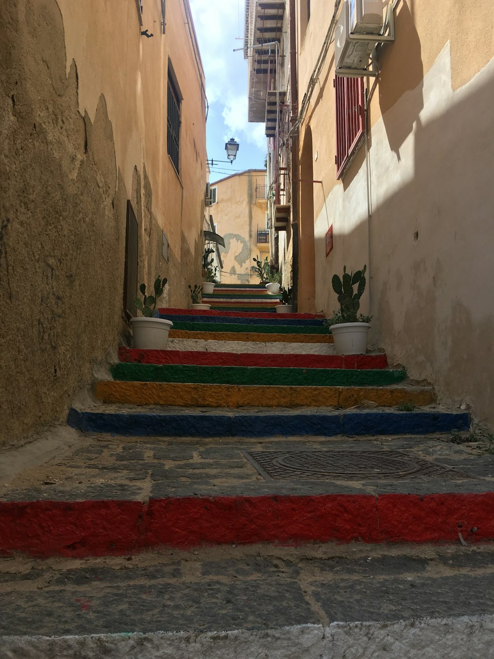 a set of colorful steps leading up to a building