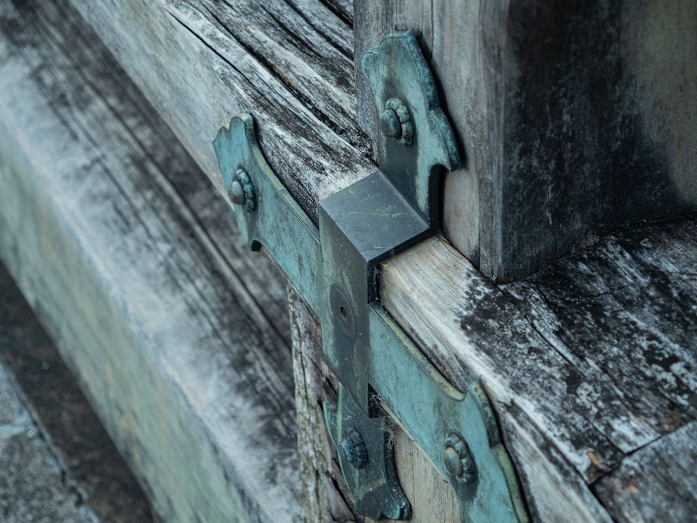 a close up of a door handle on a wooden door