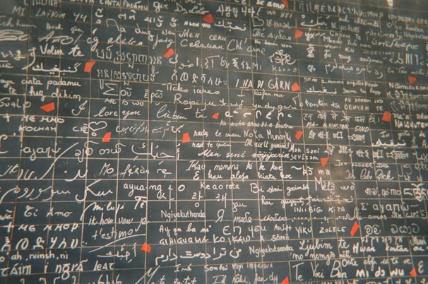 A wall featuring numerous phrases in various languages, including 'I love you,' written in white script on dark tiles. Red heart shapes accent certain sections, creating a romantic theme.