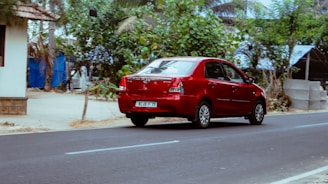 A family happily driving their sedan along a tree-lined suburban street on a sunny day.