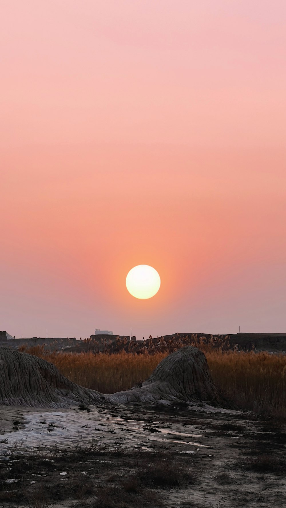 an orange sunset in the background