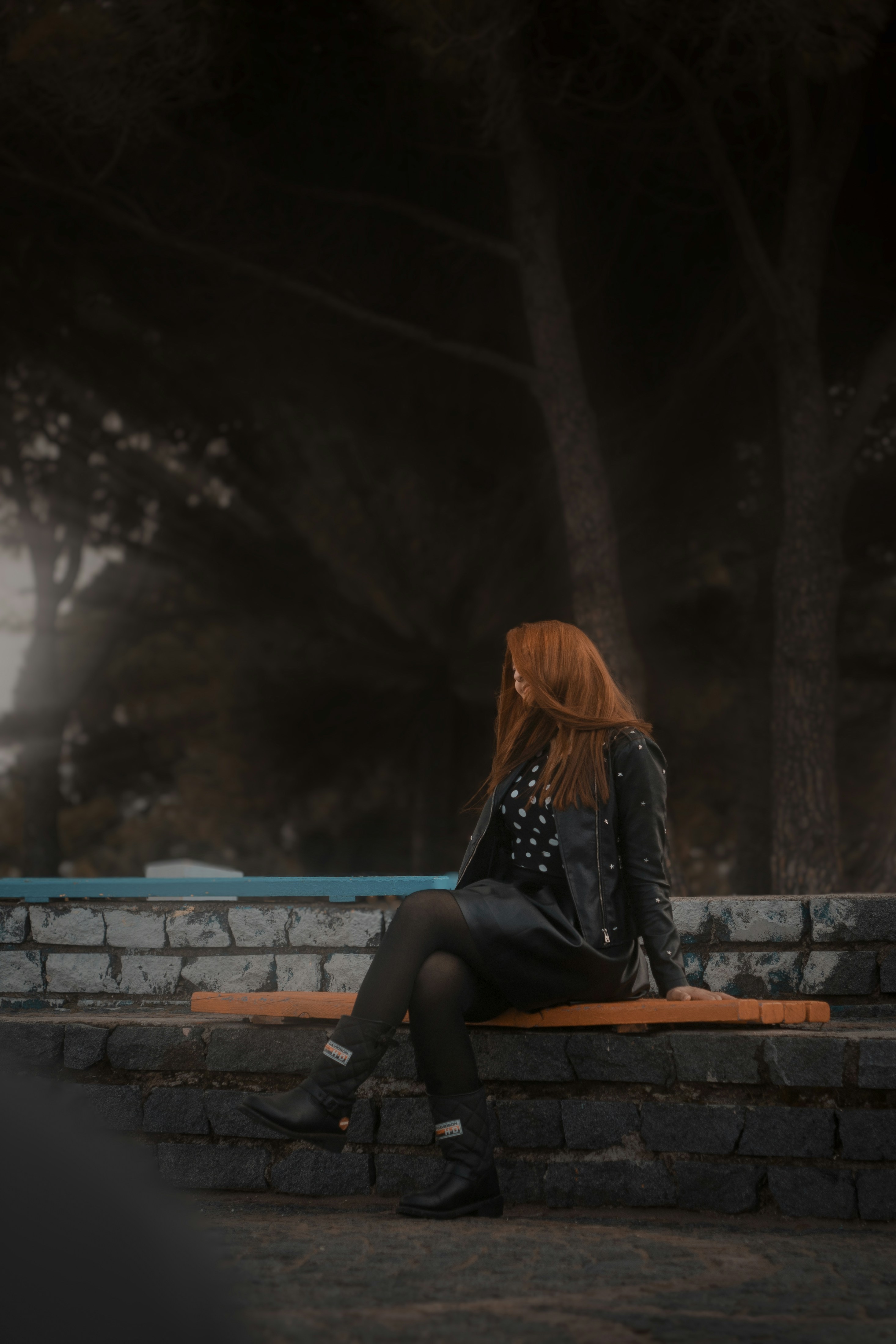 A woman with red hair sitting on a bench photo – Free Brown Image on ...