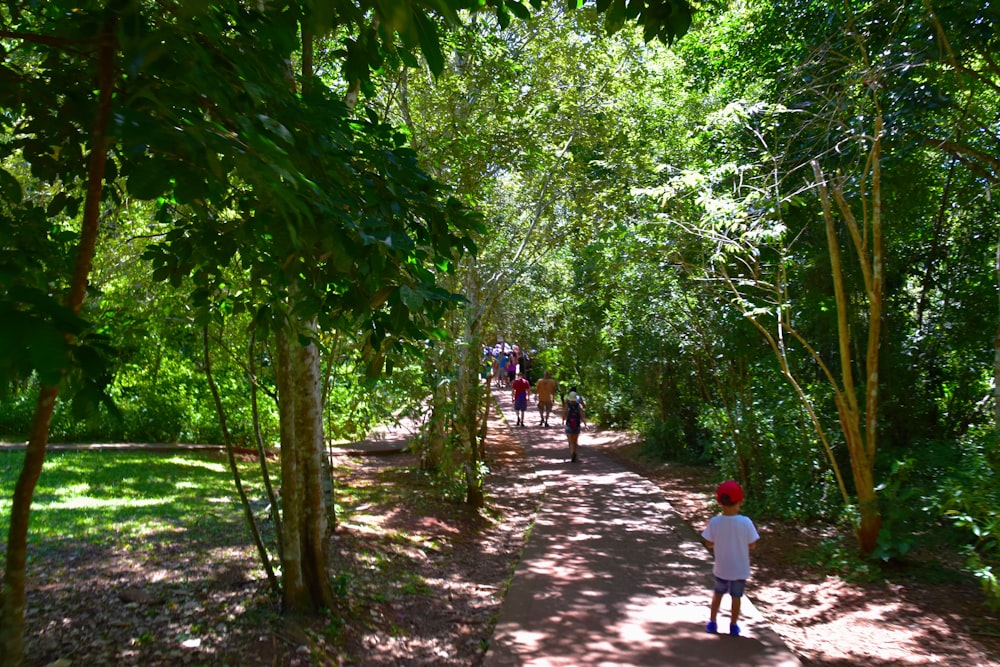 a group of people walking down a dirt road surrounded by trees