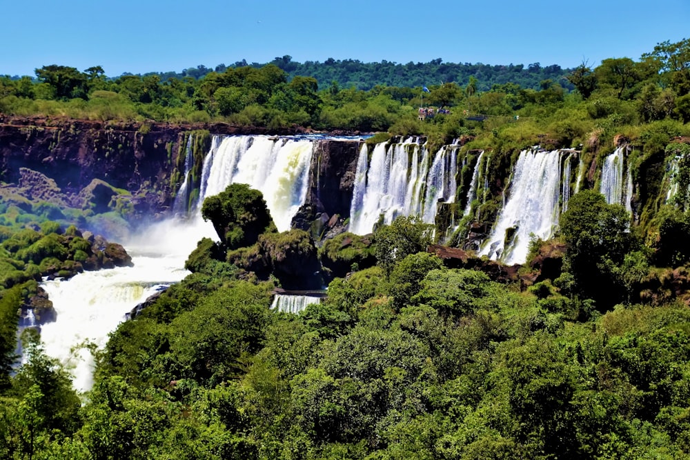 a large waterfall in the middle of a forest