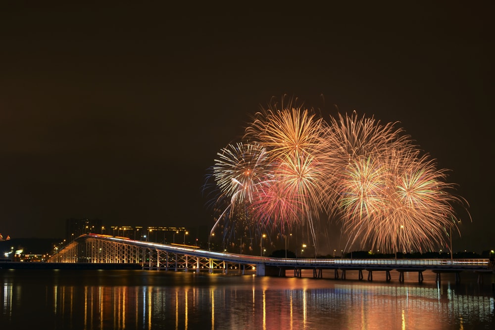 fireworks are lit up in the night sky over the water
